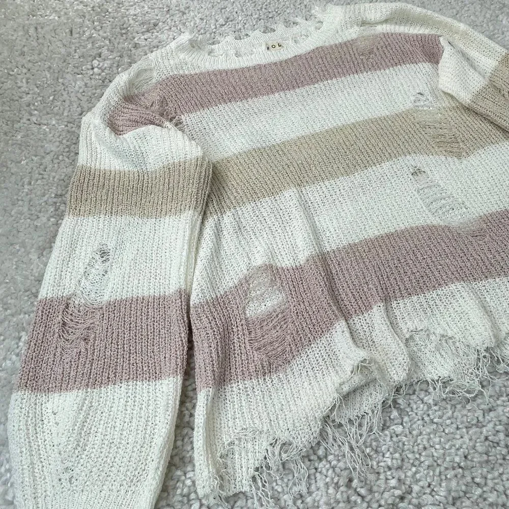 POL White Multi Stripe Distressed Sweater Womens Small NEW